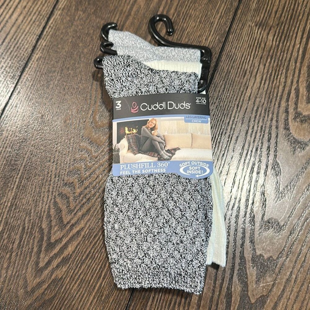 Cuddl Duds Plushfill Crew Socks 3-Pack NEW Black Gray Ivory Warm Cozy Size 4-10